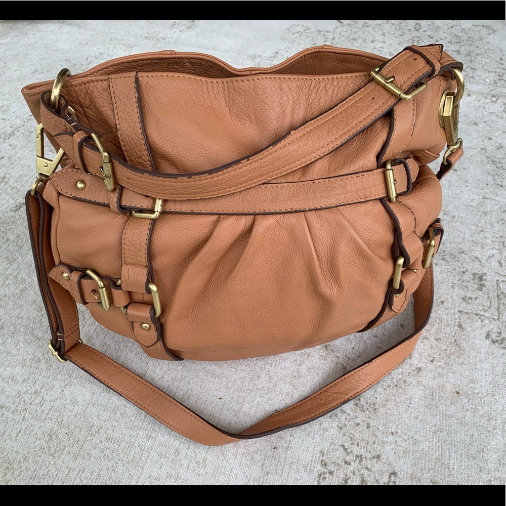 Vince Camuto Tan Pebbled Leather Shoulder Bag with Gold Hardware